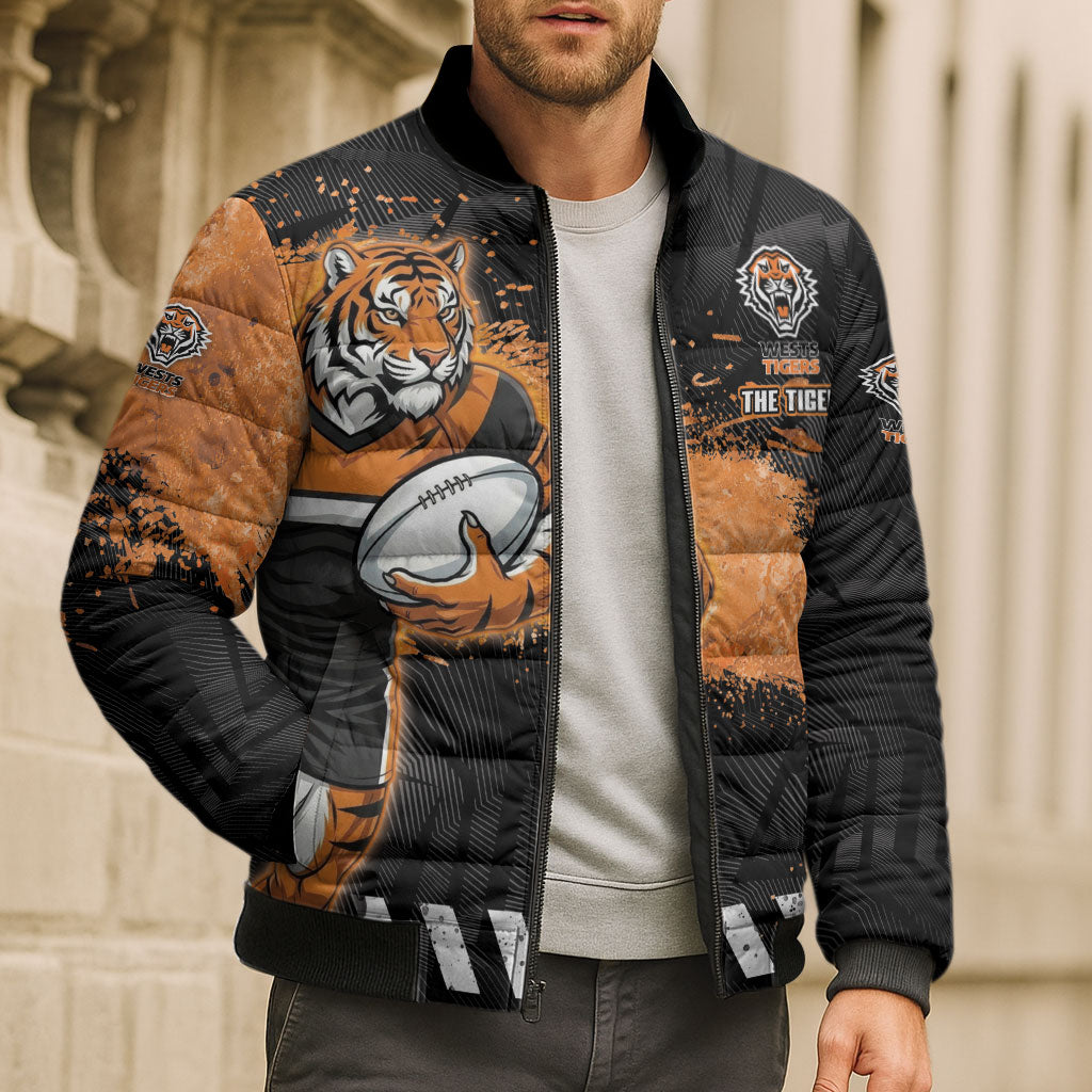Personalized Wests Tigers Rugby Bomber Puffer Jacket Tiger Mascot - Sporty Splash Art Style