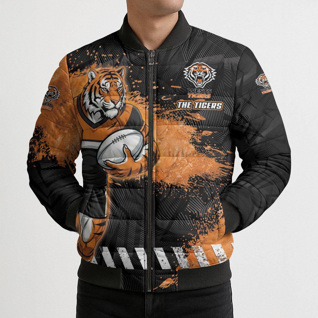 Personalized Wests Tigers Rugby Bomber Puffer Jacket Tiger Mascot - Sporty Splash Art Style