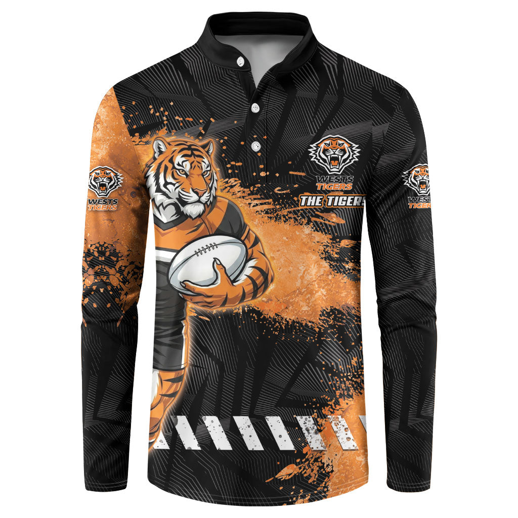 Personalized Wests Tigers Rugby Button Sweatshirt Tiger Mascot - Sporty Splash Art Style