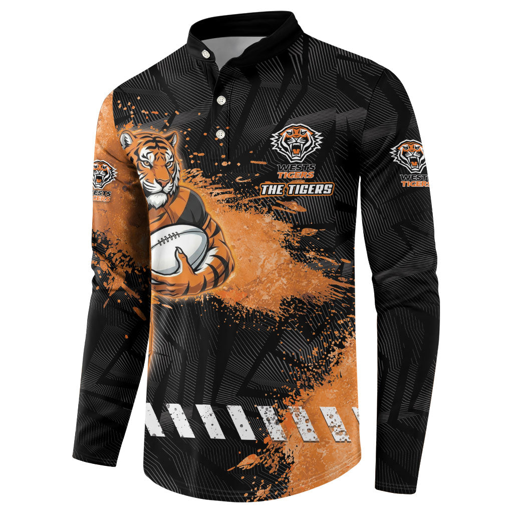 Personalized Wests Tigers Rugby Button Sweatshirt Tiger Mascot - Sporty Splash Art Style