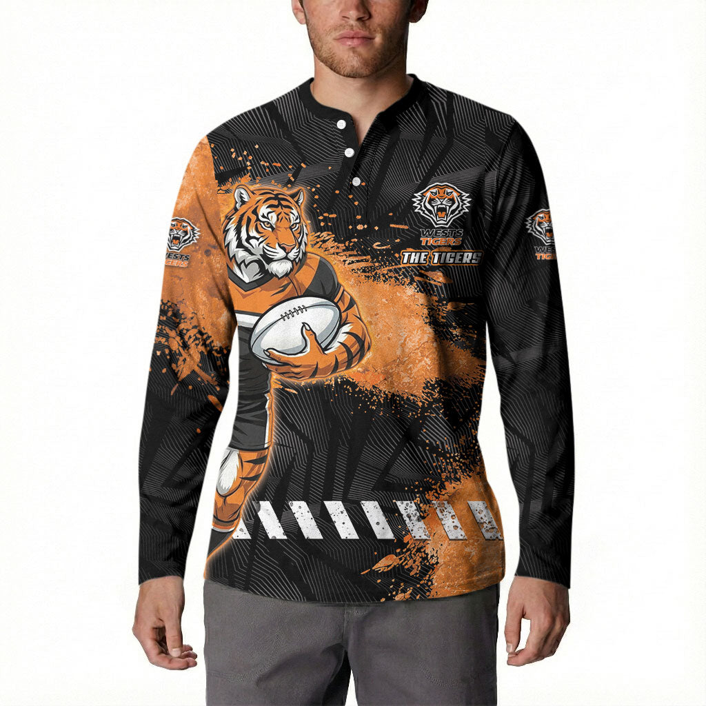 Personalized Wests Tigers Rugby Button Sweatshirt Tiger Mascot - Sporty Splash Art Style