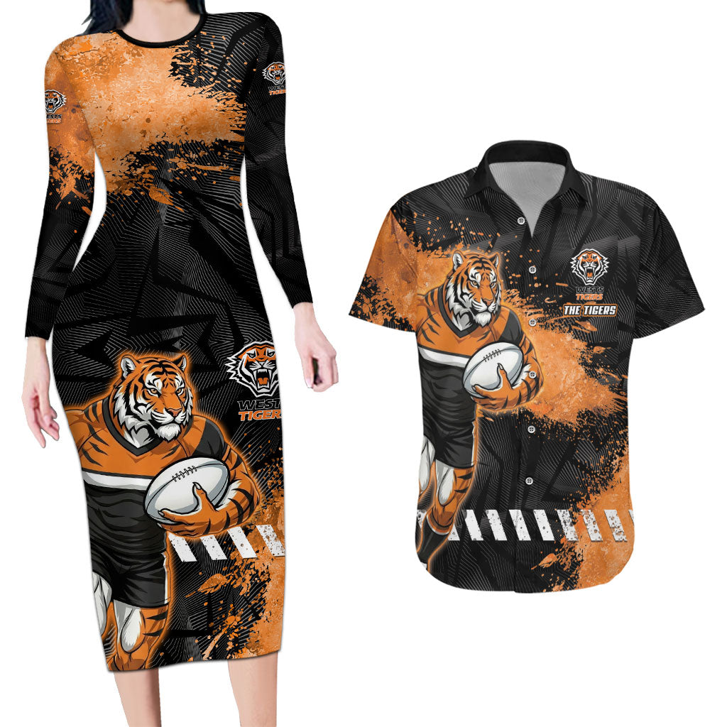 Personalized Wests Tigers Rugby Couples Matching Long Sleeve Bodycon Dress and Hawaiian Shirt Tiger Mascot - Sporty Splash Art Style