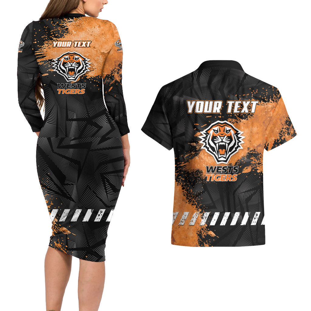 Personalized Wests Tigers Rugby Couples Matching Long Sleeve Bodycon Dress and Hawaiian Shirt Tiger Mascot - Sporty Splash Art Style