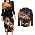 Personalized Wests Tigers Rugby Couples Matching Long Sleeve Bodycon Dress and Long Sleeve Button Shirt Tiger Mascot - Sporty Splash Art Style