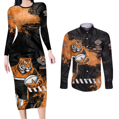 Personalized Wests Tigers Rugby Couples Matching Long Sleeve Bodycon Dress and Long Sleeve Button Shirt Tiger Mascot - Sporty Splash Art Style