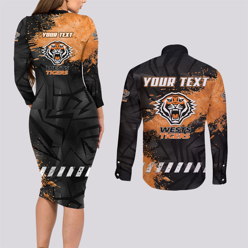 Personalized Wests Tigers Rugby Couples Matching Long Sleeve Bodycon Dress and Long Sleeve Button Shirt Tiger Mascot - Sporty Splash Art Style