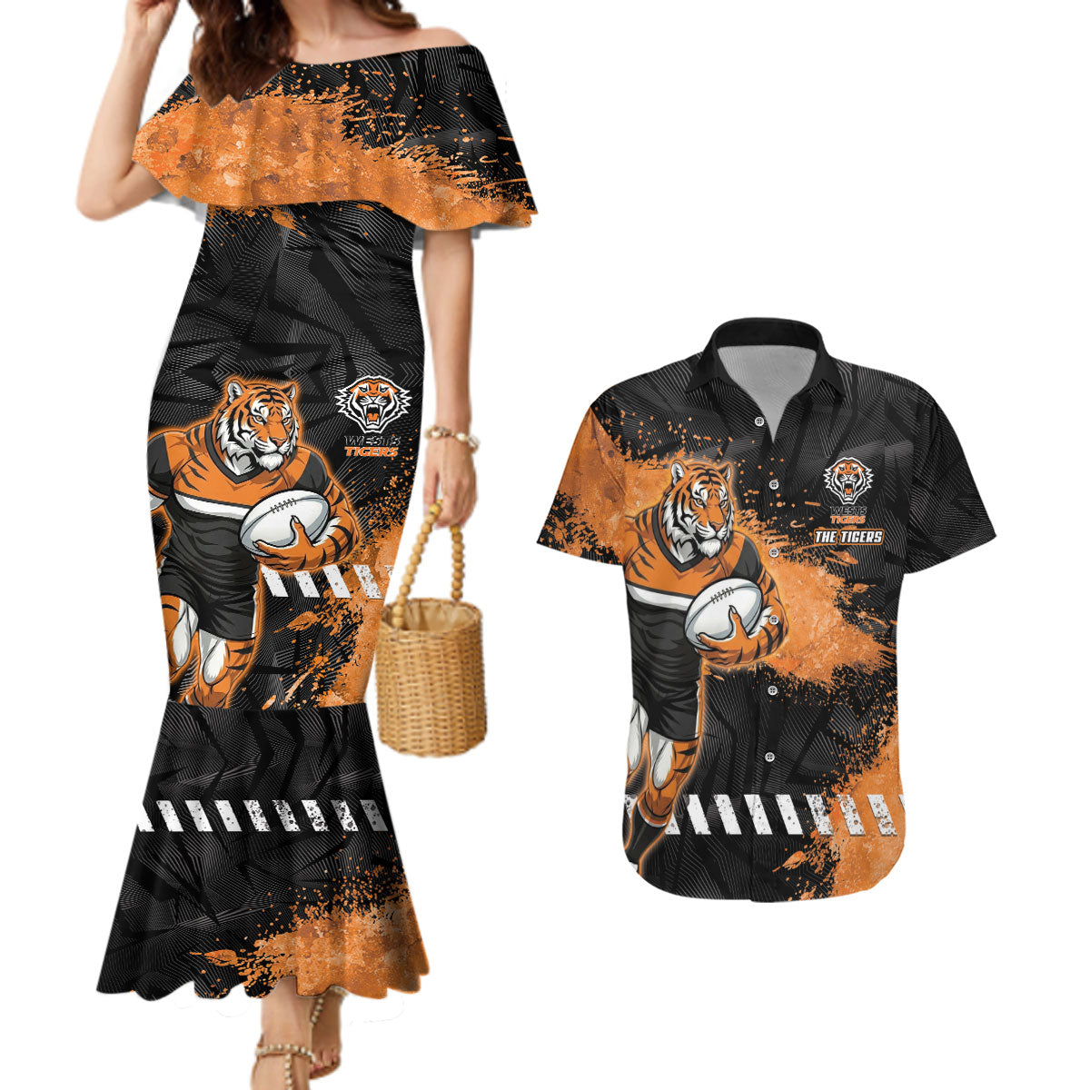 Personalized Wests Tigers Rugby Couples Matching Mermaid Dress and Hawaiian Shirt Tiger Mascot - Sporty Splash Art Style