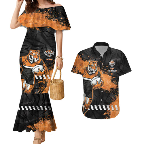 Personalized Wests Tigers Rugby Couples Matching Mermaid Dress and Hawaiian Shirt Tiger Mascot - Sporty Splash Art Style
