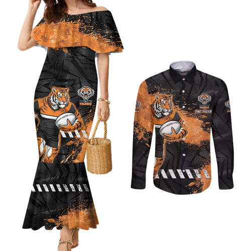 Personalized Wests Tigers Rugby Couples Matching Mermaid Dress and Long Sleeve Button Shirt Tiger Mascot - Sporty Splash Art Style