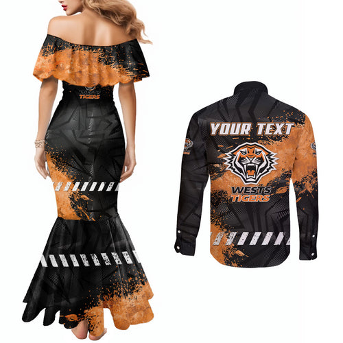 Personalized Wests Tigers Rugby Couples Matching Mermaid Dress and Long Sleeve Button Shirt Tiger Mascot - Sporty Splash Art Style