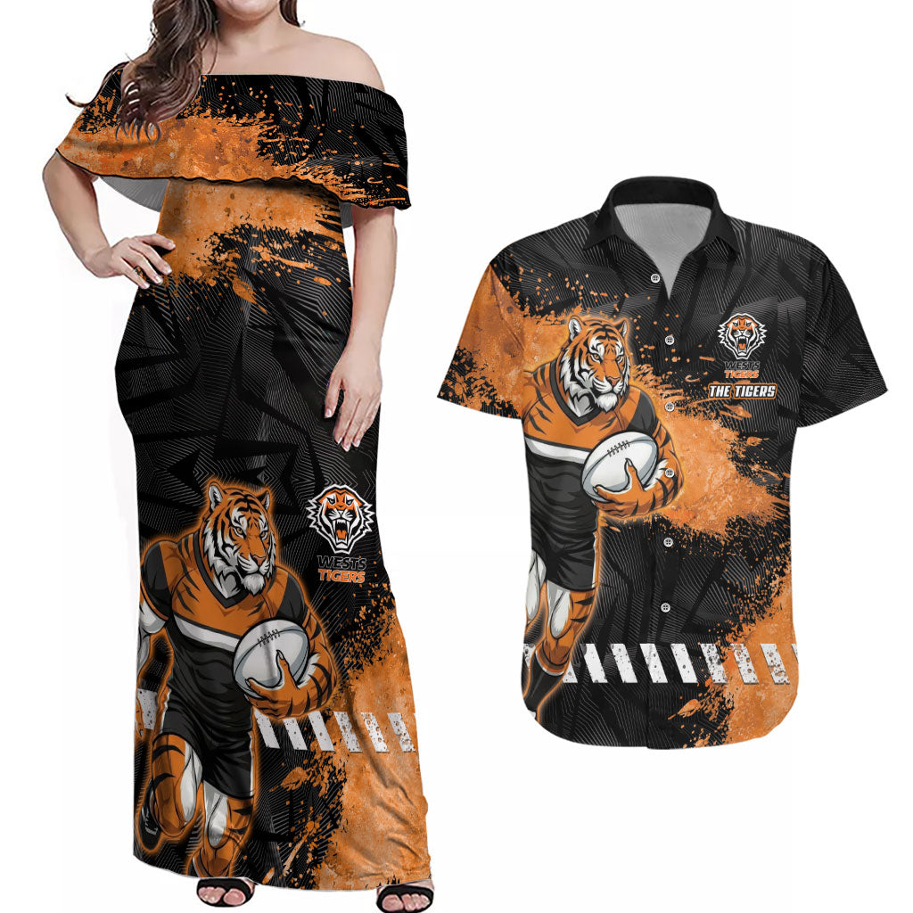 Personalized Wests Tigers Rugby Couples Matching Off Shoulder Maxi Dress and Hawaiian Shirt Tiger Mascot - Sporty Splash Art Style