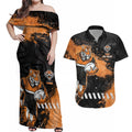 Personalized Wests Tigers Rugby Couples Matching Off Shoulder Maxi Dress and Hawaiian Shirt Tiger Mascot - Sporty Splash Art Style