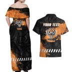 Personalized Wests Tigers Rugby Couples Matching Off Shoulder Maxi Dress and Hawaiian Shirt Tiger Mascot - Sporty Splash Art Style