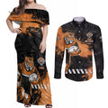 Personalized Wests Tigers Rugby Couples Matching Off Shoulder Maxi Dress and Long Sleeve Button Shirt Tiger Mascot - Sporty Splash Art Style