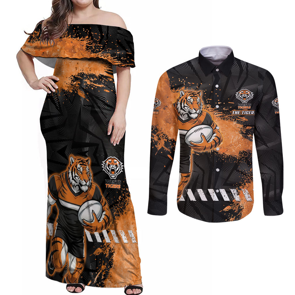 Personalized Wests Tigers Rugby Couples Matching Off Shoulder Maxi Dress and Long Sleeve Button Shirt Tiger Mascot - Sporty Splash Art Style