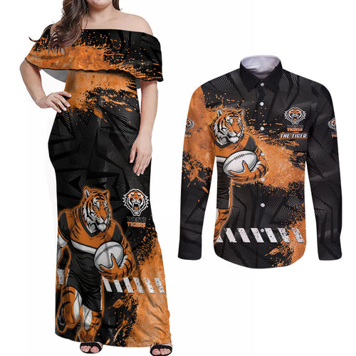 Personalized Wests Tigers Rugby Couples Matching Off Shoulder Maxi Dress and Long Sleeve Button Shirt Tiger Mascot - Sporty Splash Art Style