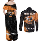 Personalized Wests Tigers Rugby Couples Matching Off Shoulder Maxi Dress and Long Sleeve Button Shirt Tiger Mascot - Sporty Splash Art Style