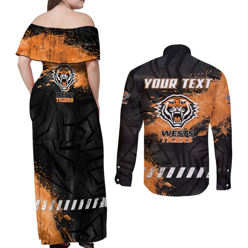 Personalized Wests Tigers Rugby Couples Matching Off Shoulder Maxi Dress and Long Sleeve Button Shirt Tiger Mascot - Sporty Splash Art Style