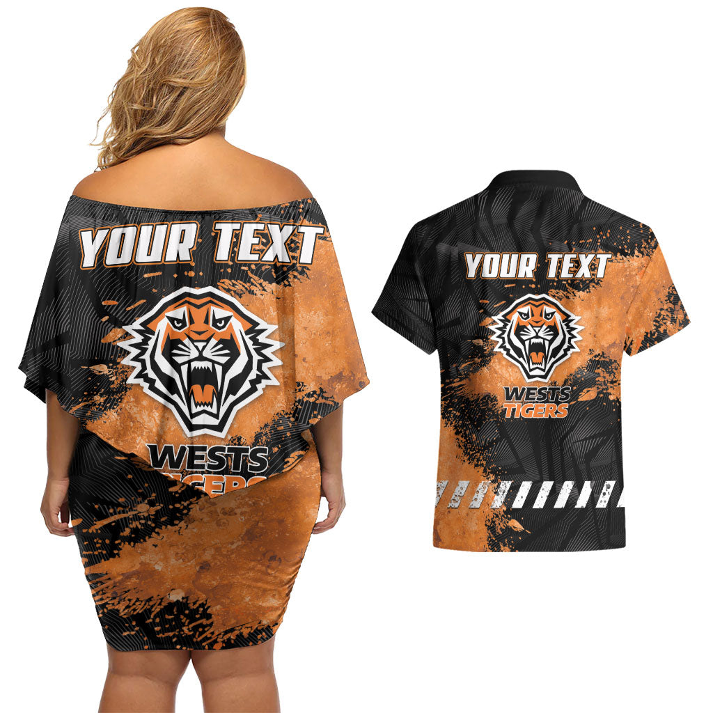 Personalized Wests Tigers Rugby Couples Matching Off Shoulder Short Dress and Hawaiian Shirt Tiger Mascot - Sporty Splash Art Style