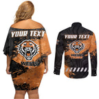 Personalized Wests Tigers Rugby Couples Matching Off Shoulder Short Dress and Long Sleeve Button Shirt Tiger Mascot - Sporty Splash Art Style