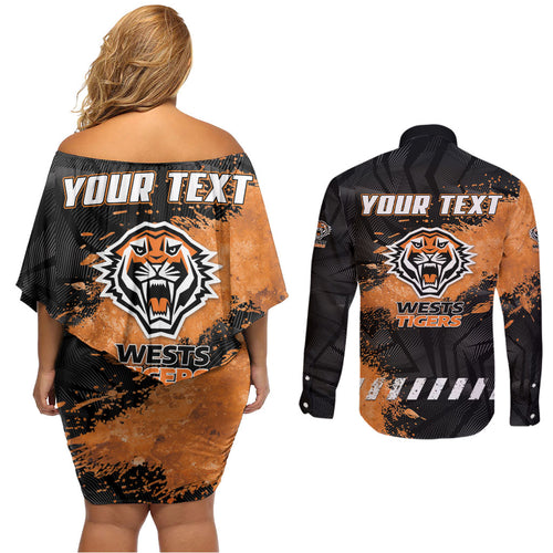 Personalized Wests Tigers Rugby Couples Matching Off Shoulder Short Dress and Long Sleeve Button Shirt Tiger Mascot - Sporty Splash Art Style