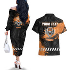 Personalized Wests Tigers Rugby Couples Matching Off The Shoulder Long Sleeve Dress and Hawaiian Shirt Tiger Mascot - Sporty Splash Art Style