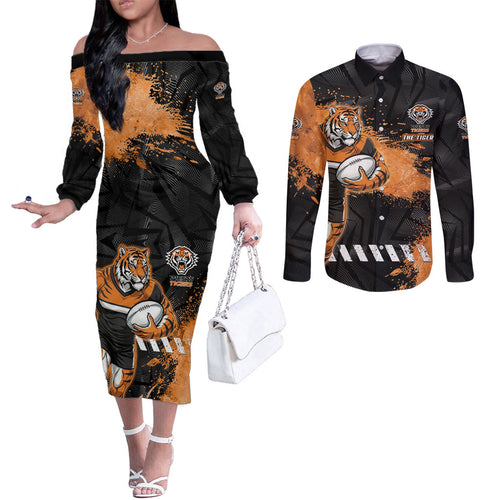 Personalized Wests Tigers Rugby Couples Matching Off The Shoulder Long Sleeve Dress and Long Sleeve Button Shirt Tiger Mascot - Sporty Splash Art Style