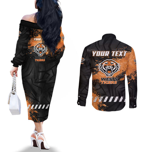 Personalized Wests Tigers Rugby Couples Matching Off The Shoulder Long Sleeve Dress and Long Sleeve Button Shirt Tiger Mascot - Sporty Splash Art Style