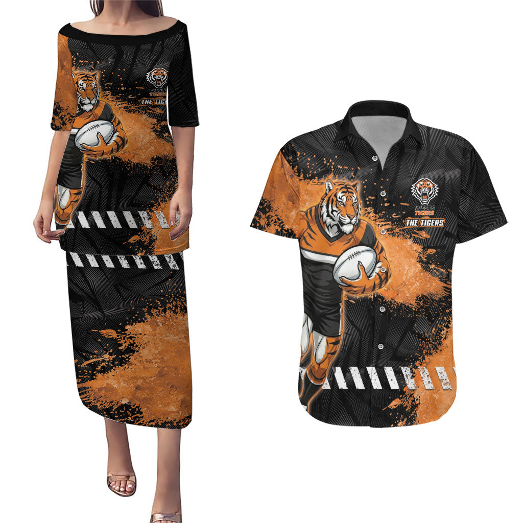 Personalized Wests Tigers Rugby Couples Matching Puletasi and Hawaiian Shirt Tiger Mascot - Sporty Splash Art Style