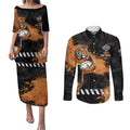 Personalized Wests Tigers Rugby Couples Matching Puletasi and Long Sleeve Button Shirt Tiger Mascot - Sporty Splash Art Style