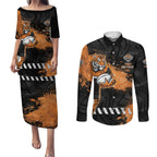 Personalized Wests Tigers Rugby Couples Matching Puletasi and Long Sleeve Button Shirt Tiger Mascot - Sporty Splash Art Style