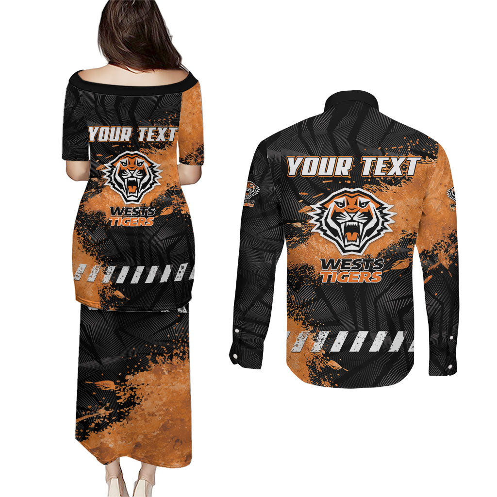 Personalized Wests Tigers Rugby Couples Matching Puletasi and Long Sleeve Button Shirt Tiger Mascot - Sporty Splash Art Style