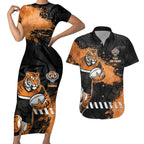 Personalized Wests Tigers Rugby Couples Matching Short Sleeve Bodycon Dress and Hawaiian Shirt Tiger Mascot - Sporty Splash Art Style