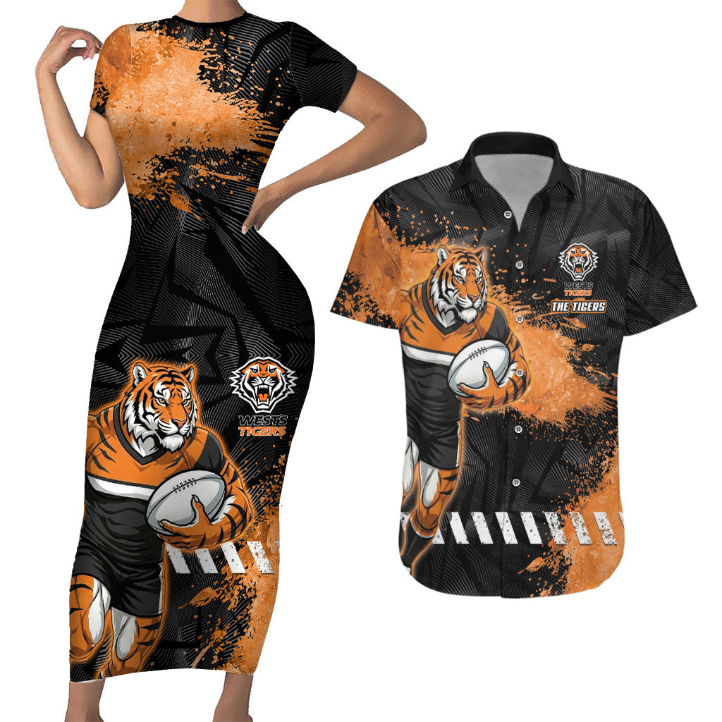 Personalized Wests Tigers Rugby Couples Matching Short Sleeve Bodycon Dress and Hawaiian Shirt Tiger Mascot - Sporty Splash Art Style