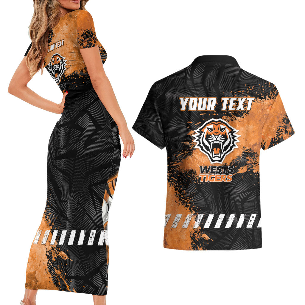 Personalized Wests Tigers Rugby Couples Matching Short Sleeve Bodycon Dress and Hawaiian Shirt Tiger Mascot - Sporty Splash Art Style