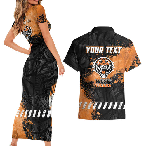 Personalized Wests Tigers Rugby Couples Matching Short Sleeve Bodycon Dress and Hawaiian Shirt Tiger Mascot - Sporty Splash Art Style
