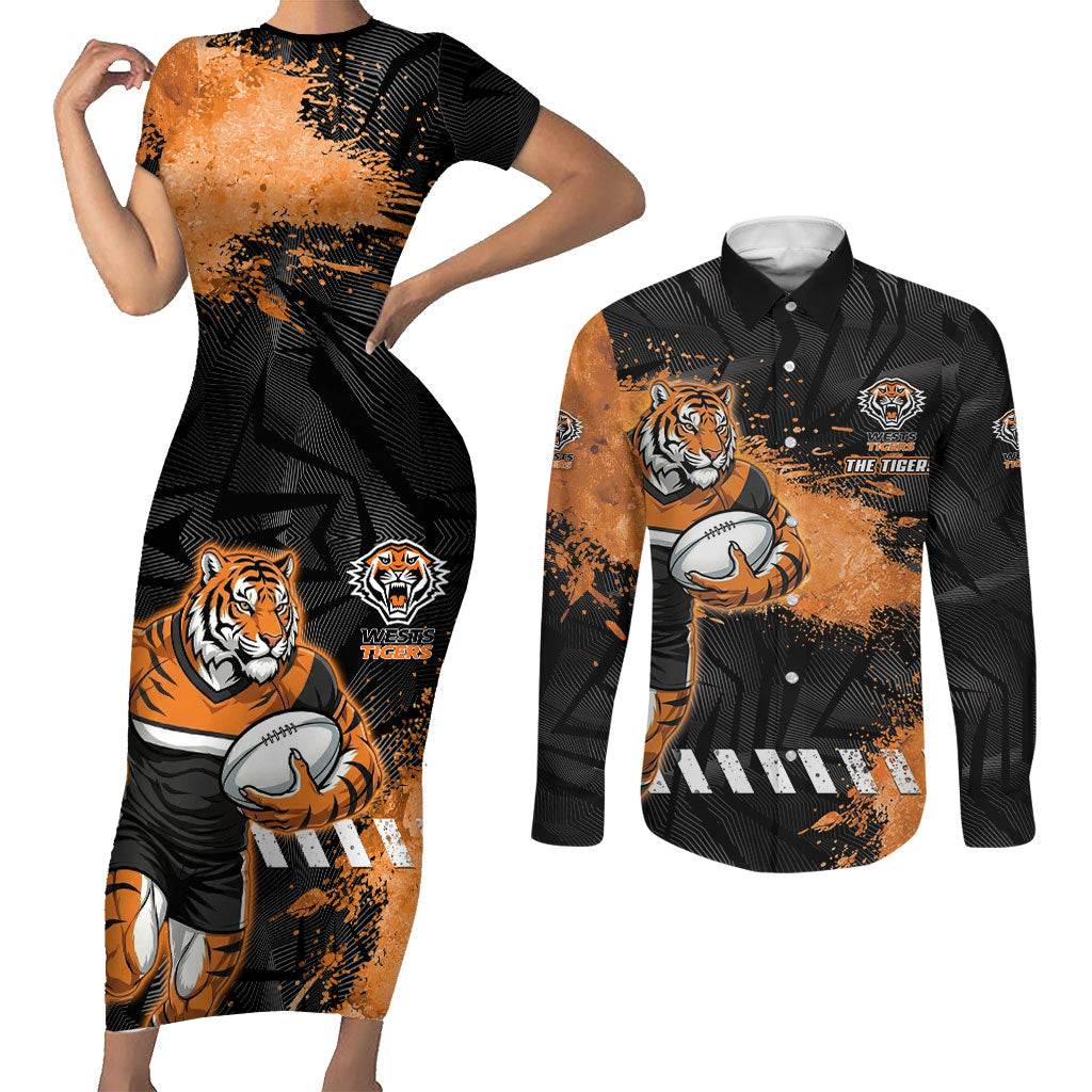 Personalized Wests Tigers Rugby Couples Matching Short Sleeve Bodycon Dress and Long Sleeve Button Shirt Tiger Mascot - Sporty Splash Art Style