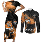 Personalized Wests Tigers Rugby Couples Matching Short Sleeve Bodycon Dress and Long Sleeve Button Shirt Tiger Mascot - Sporty Splash Art Style
