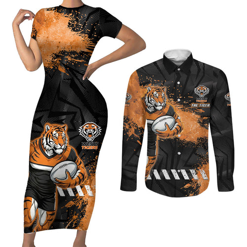 Personalized Wests Tigers Rugby Couples Matching Short Sleeve Bodycon Dress and Long Sleeve Button Shirt Tiger Mascot - Sporty Splash Art Style