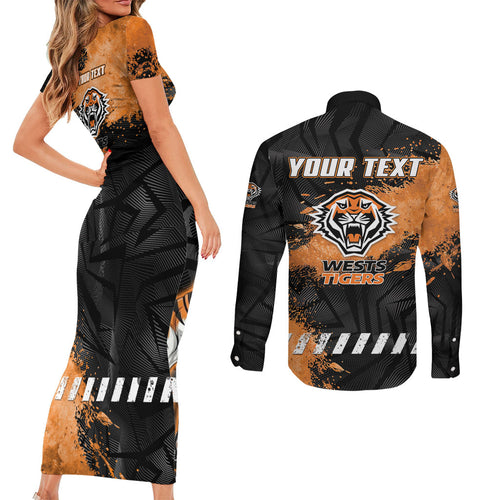 Personalized Wests Tigers Rugby Couples Matching Short Sleeve Bodycon Dress and Long Sleeve Button Shirt Tiger Mascot - Sporty Splash Art Style