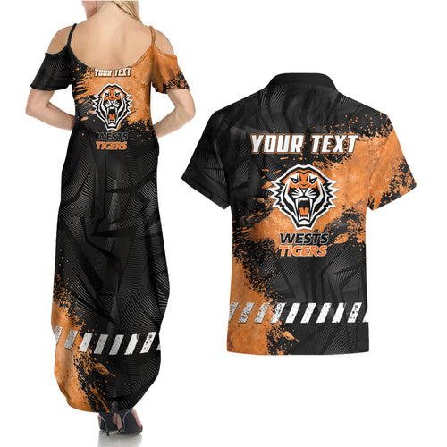 Personalized Wests Tigers Rugby Couples Matching Summer Maxi Dress and Hawaiian Shirt Tiger Mascot - Sporty Splash Art Style