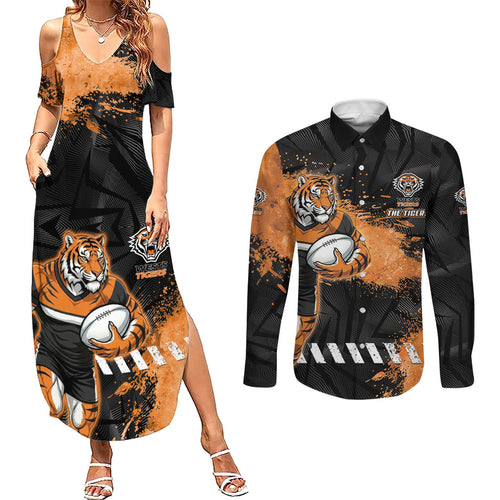 Personalized Wests Tigers Rugby Couples Matching Summer Maxi Dress and Long Sleeve Button Shirt Tiger Mascot - Sporty Splash Art Style