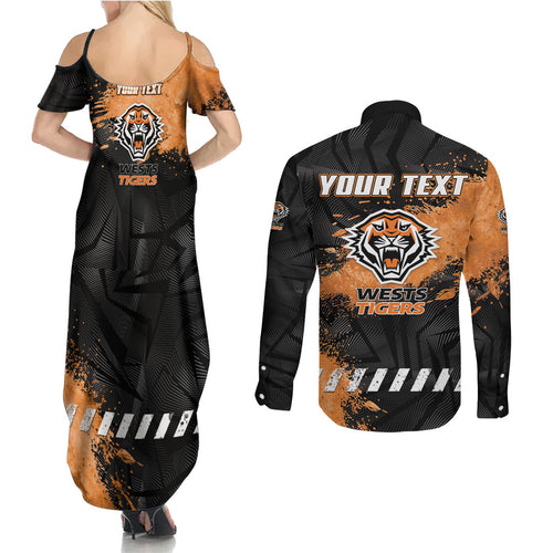 Personalized Wests Tigers Rugby Couples Matching Summer Maxi Dress and Long Sleeve Button Shirt Tiger Mascot - Sporty Splash Art Style