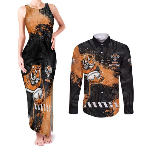 Personalized Wests Tigers Rugby Couples Matching Tank Maxi Dress and Long Sleeve Button Shirt Tiger Mascot - Sporty Splash Art Style