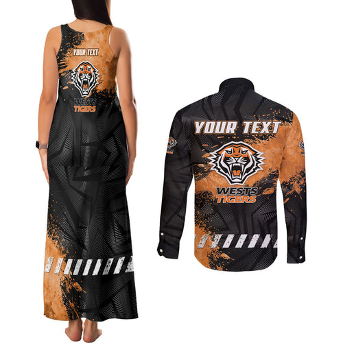 Personalized Wests Tigers Rugby Couples Matching Tank Maxi Dress and Long Sleeve Button Shirt Tiger Mascot - Sporty Splash Art Style
