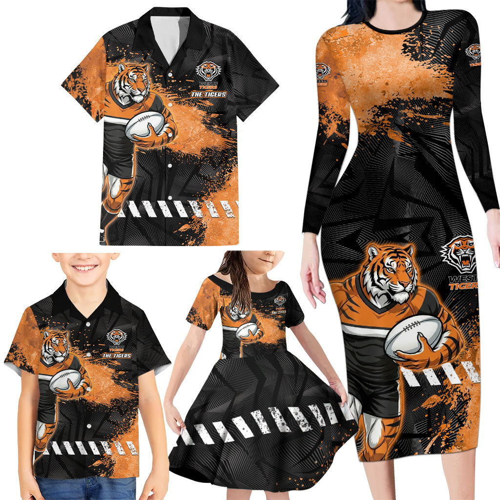 Personalized Wests Tigers Rugby Family Matching Long Sleeve Bodycon Dress and Hawaiian Shirt Tiger Mascot - Sporty Splash Art Style