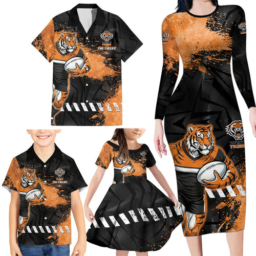 Personalized Wests Tigers Rugby Family Matching Long Sleeve Bodycon Dress and Hawaiian Shirt Tiger Mascot - Sporty Splash Art Style