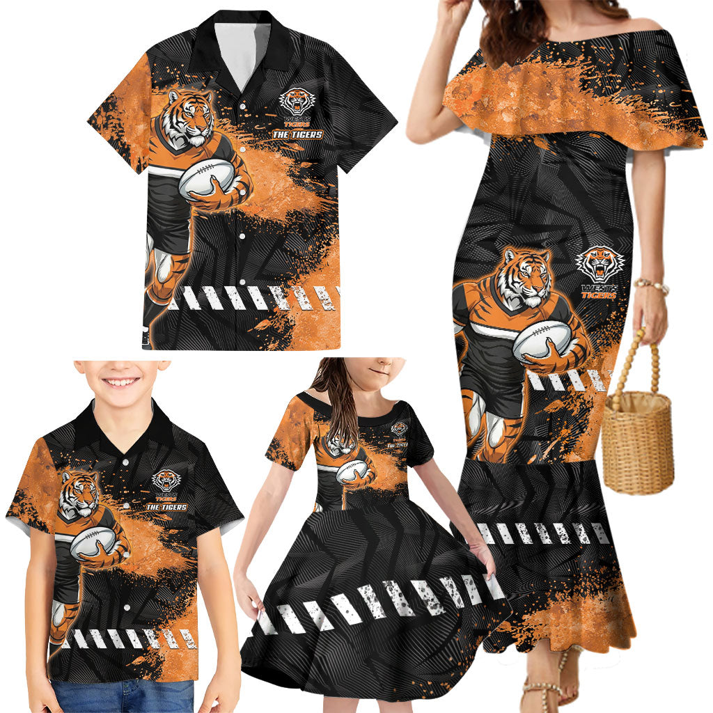 Personalized Wests Tigers Rugby Family Matching Mermaid Dress and Hawaiian Shirt Tiger Mascot - Sporty Splash Art Style