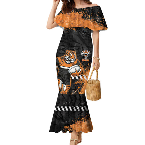 Personalized Wests Tigers Rugby Family Matching Mermaid Dress and Hawaiian Shirt Tiger Mascot - Sporty Splash Art Style