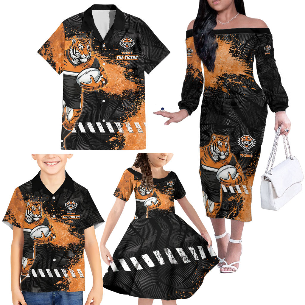 Personalized Wests Tigers Rugby Family Matching Off The Shoulder Long Sleeve Dress and Hawaiian Shirt Tiger Mascot - Sporty Splash Art Style